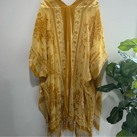 Free People Yellow Floral Kimono nightbird burnout gold velvet tassel - Picture 12 of 12